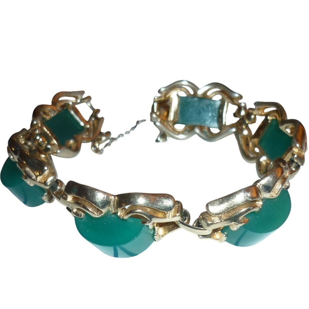 Vintage Gold Tone Green Lucite Link Bracelet Mid-Century Modern 7.25 Inch
